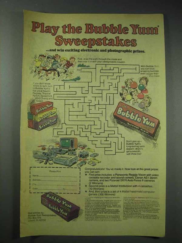 Primary image for 1982 Bubble Yum Bubble Gum Ad - Play the Sweepstakes
