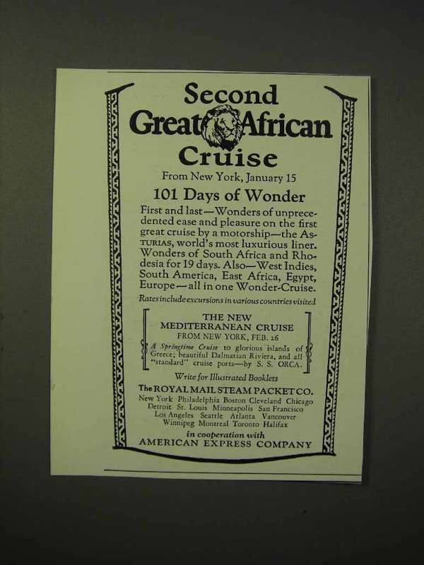 1926 Royal Mail Steam Packet Co. Cruise Ad - African - $18.49