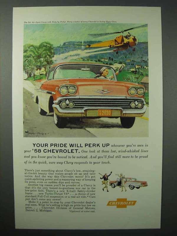 Primary image for 1958 Chevrolet Bel Air Sport Coupe Car Ad - Perk Up