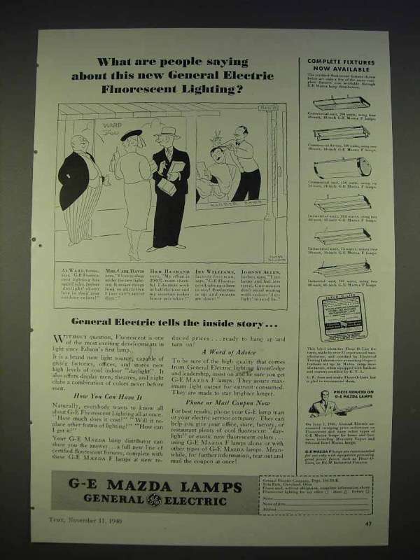 Primary image for 1940 General Electric Mazda Lamps Ad - Fluorescent
