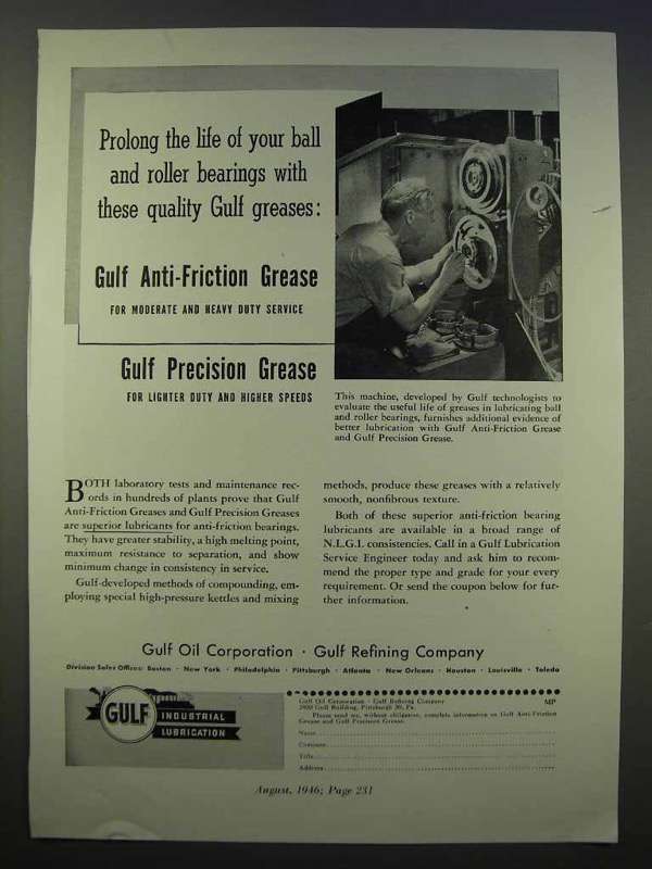 1946 Gulf Anti-Friction Grease, Precision Grease Ad - $18.49