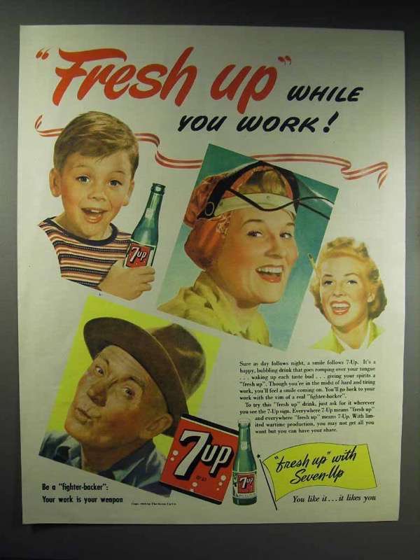 1944 7-up Soda Ad - Fresh Up While You Work - $18.49