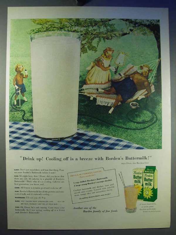 1956 Borden's Butter Milk Ad - Elsie - Orange Cooler - $18.49