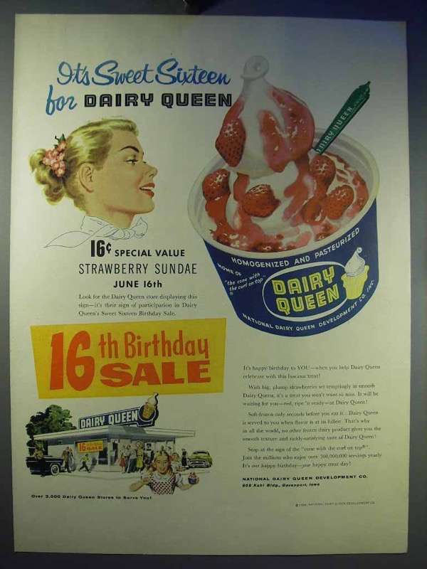 1956 Dairy Queen Strawberry Sundae Ad - Sweet Sixteen - $18.49