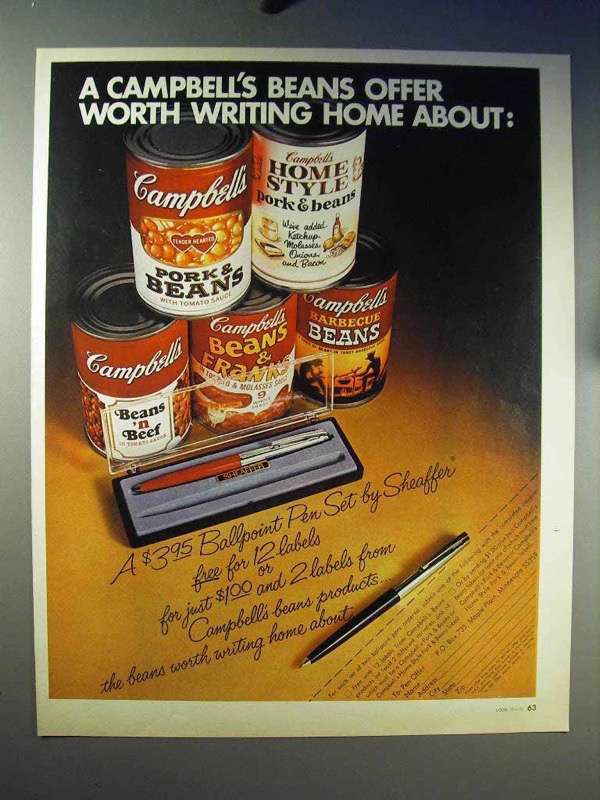 1970 Campbell's Soup Beans Ad - Sheaffer Pen Set - $18.49