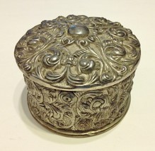 Ornate Round Silver Metal Trinket Jewelry Box Vintage Scroll Velvet Lined - £31.38 GBP