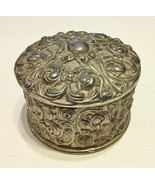 Ornate Round Silver Metal Trinket Jewelry Box Vintage Scroll Velvet Lined - £31.45 GBP