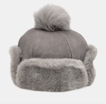 UGG Hat UpFlap Shearling Pom Aviator Water Resistant Trapper Metal Gray ... - $167.81
