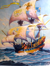 Manila Galleons Spanish Pirate Treasure Ship Art Print 1930s Lithograph Nautical - £12.69 GBP