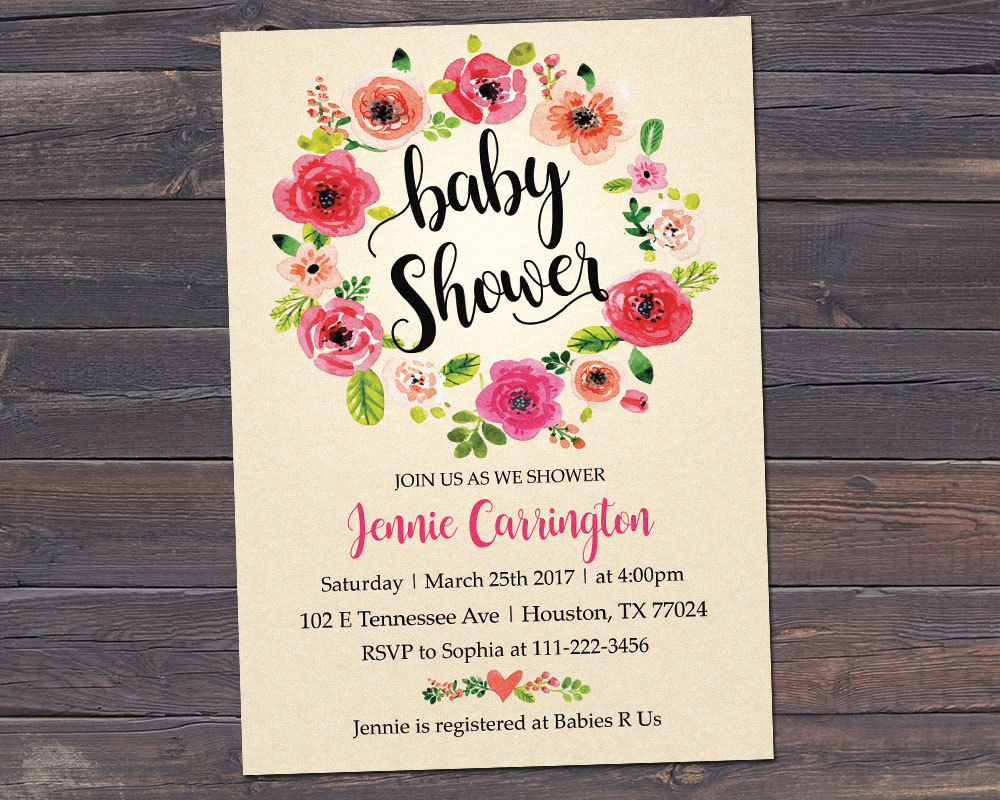 Primary image for Baby Shower Invitation, Watercolor Flowers Invitation