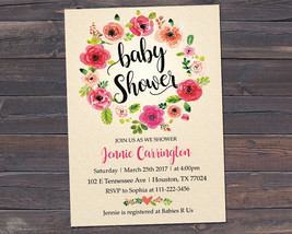 Baby Shower Invitation, Watercolor Flowers Invitation - £6.40 GBP