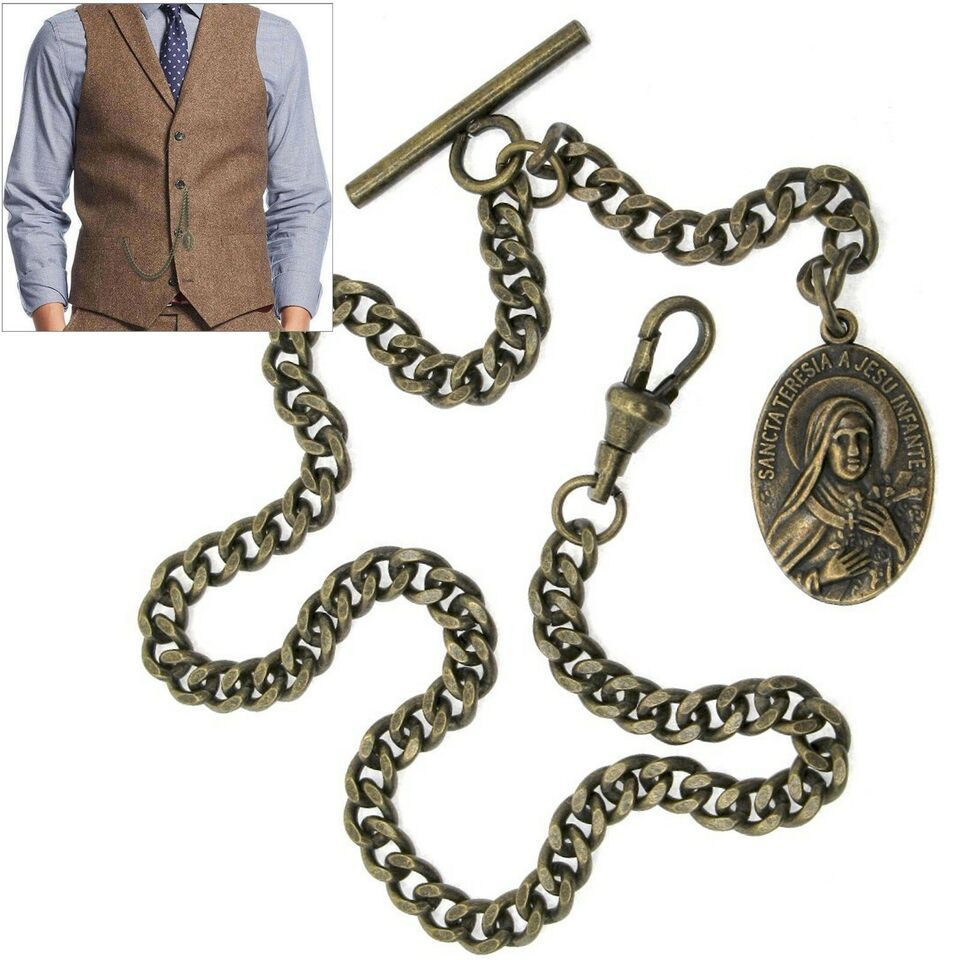 Albert Chain Bronze Pocket Watch Chain Saint Theresa of Infant Medal Fob... - $16.47