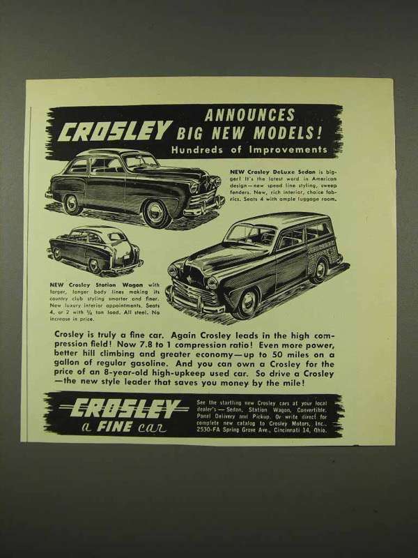 1948 Crosley DeLuxe Sedan, Station Wagon Car Ad - $18.49