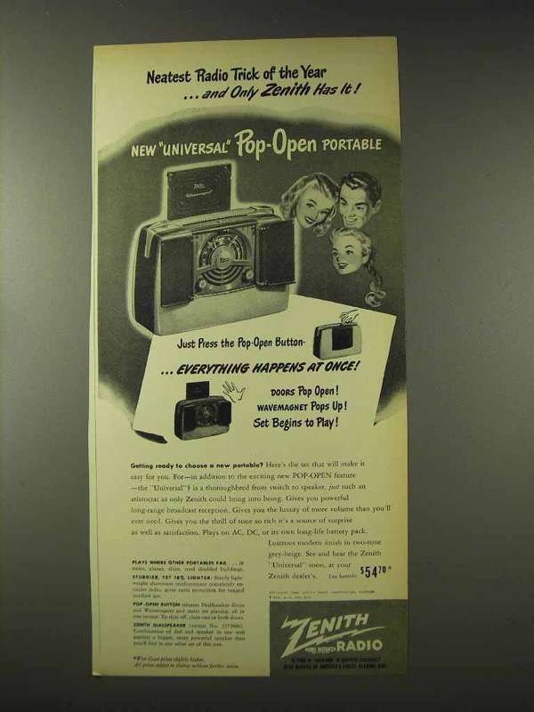 Primary image for 1948 Zenith Universal Pop-Open Portable Radio Ad