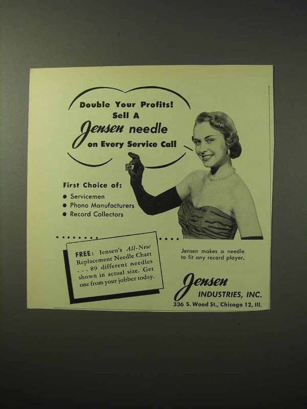 Primary image for 1950 Jensen Record Player Needle Ad - Double Profits