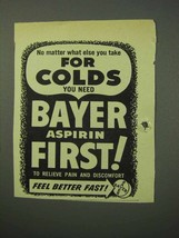 1951 Bayer Aspirin Medicine Ad - For Colds - £14.72 GBP