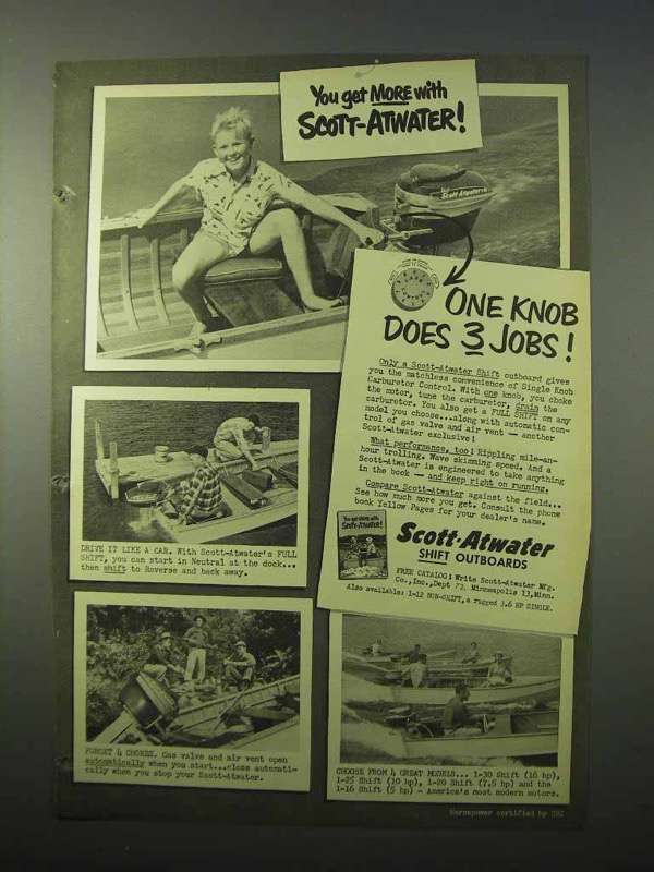 1951 Scott-Atwater Shift Outboard Motor Ad - One Knob - $18.49