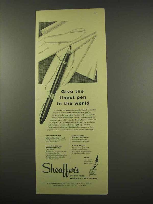 Primary image for 1956 Sheaffer's Snorkel Pen Ad - Finest in the World