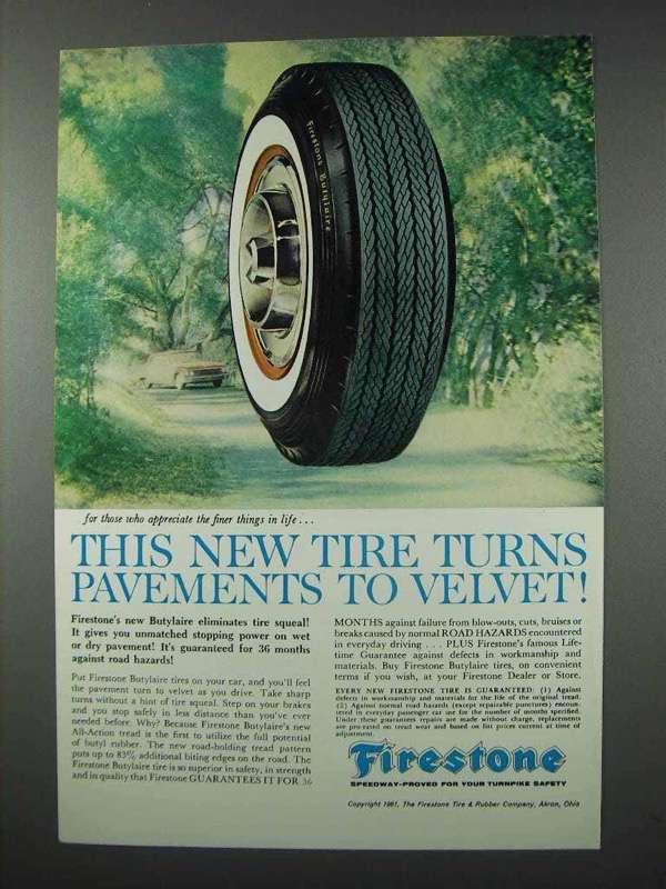 1961 Firestone Butylaire Tires Ad - Pavements to Velvet - $18.49