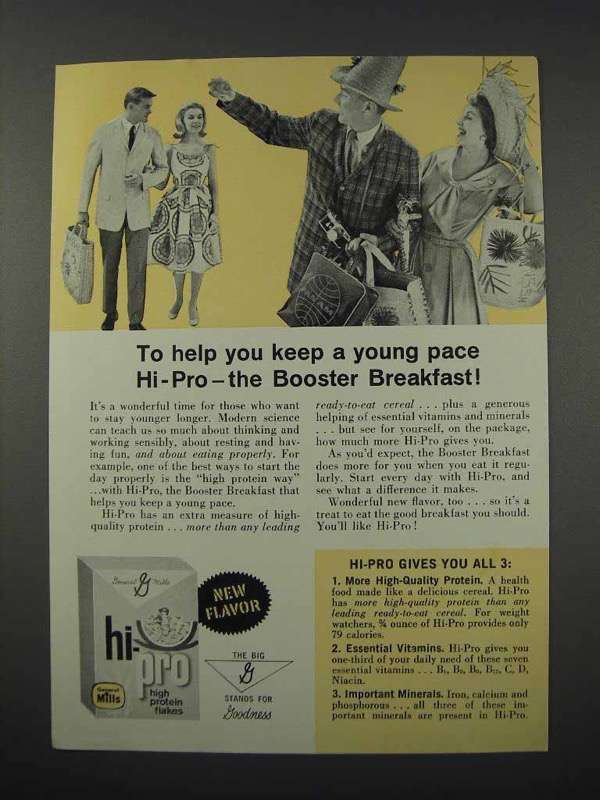 1961 General Mills Hi-Pro Cereal Ad - Keep a Young Pace - $18.49