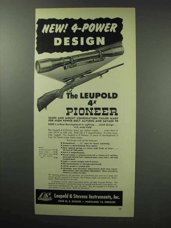 1950 Leupold 4x Pioneer Scope Ad - 4-Power Design - $18.49