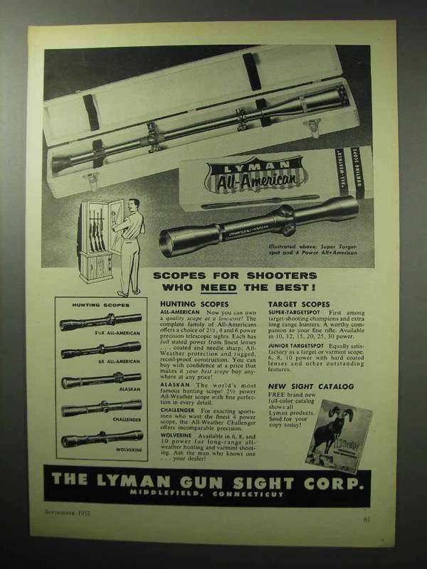 1955 Lyman Scope Ad - All-American, Alaskan, Wolverine - $18.49