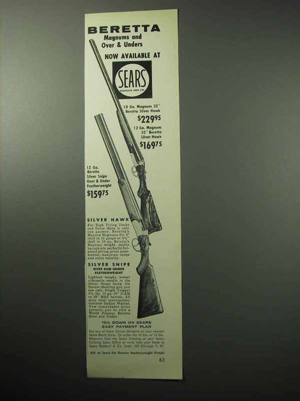 1958 Beretta Silver Hawk; Silver Snipe Shotgun Ad! - $18.49