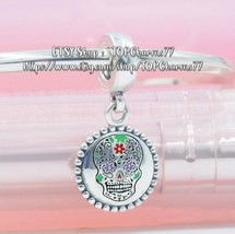 100% 925 Sterling Silver Day of the Dead Dangle Charm With Green Skull Charm  - £14.22 GBP