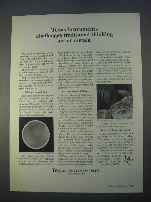 1966 Texas Instruments Ad - Thinking About Metals - £14.54 GBP
