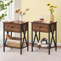 Set of 2 - Rustic 1 Drawer Nightstand in Brown and Black Wood Finish - £166.10 GBP