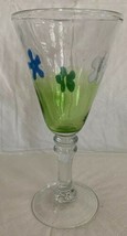 Hand Mouth Blown Wine Art Glass Goblet Flowers Clear Green Heavy Tall 8.75” - $14.99