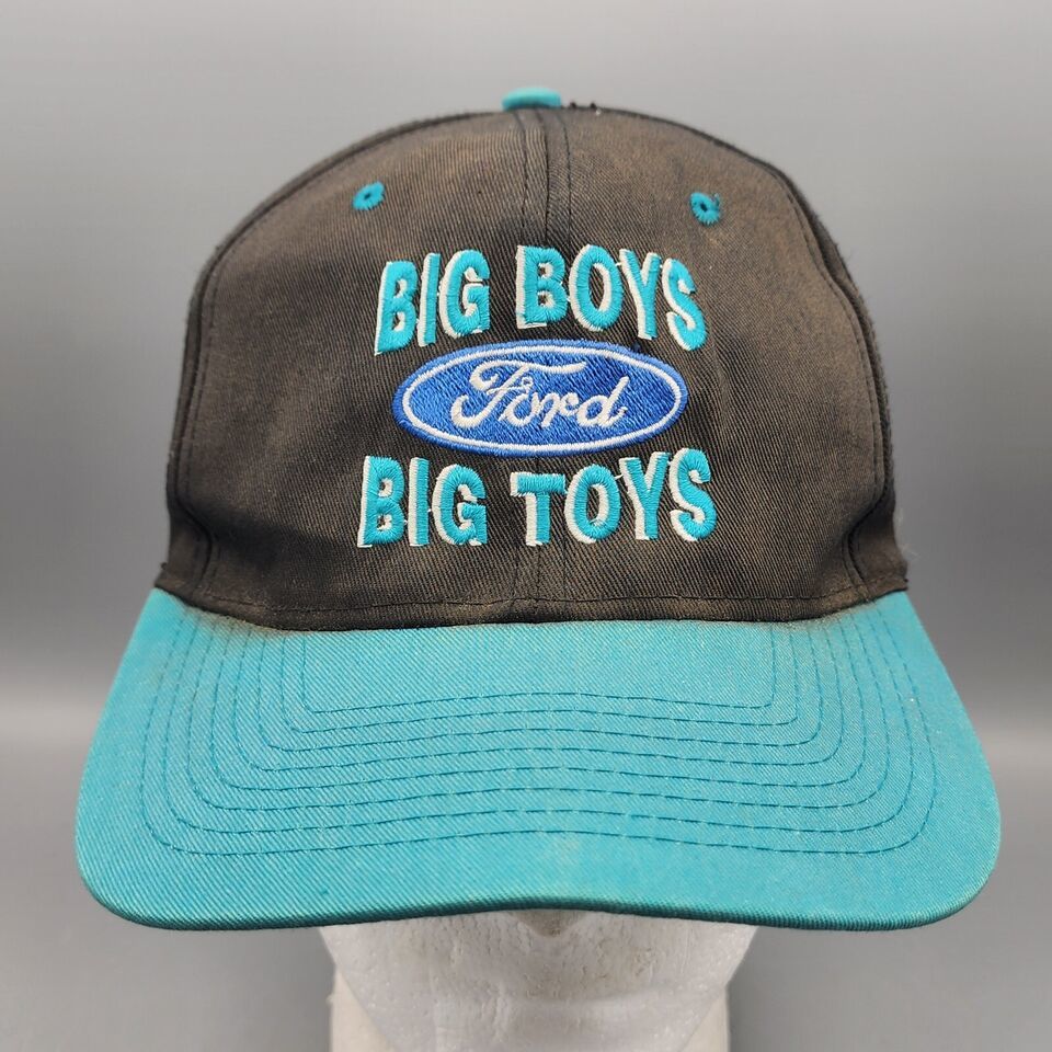 Vtg FORD Trucker Hat Big Boys Big Toys Double Snapback Cap Black Blue Faded - $29.02