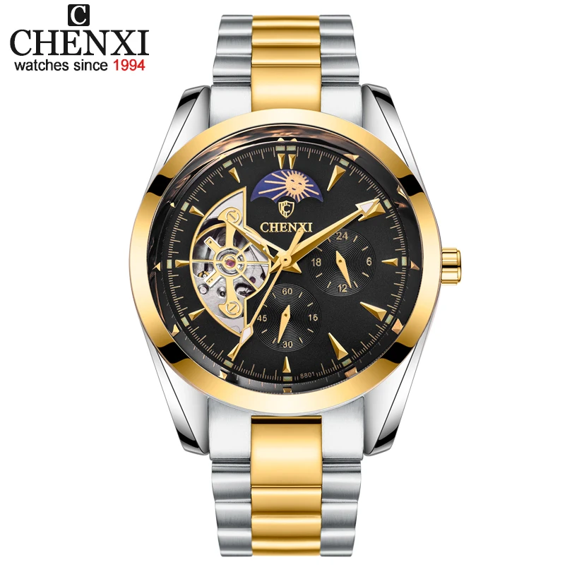 CHENXI Mechanical Watch Fashion  Tourbillon Moon Phase  Men Silver  Steel  Autom - £102.78 GBP