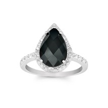 Sterling Silver Diamond with Gem Large Teardrop Ring - Black Onyx - £49.66 GBP