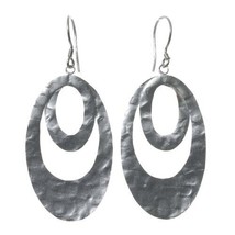 Solid Sterling Silver Arts &amp; Crafts Hammered Open Concentric Ovals Earrings - $29.39