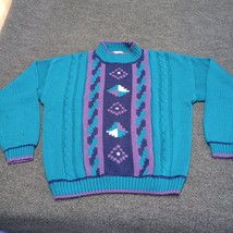 Vintage 62 East Sweater Women Large Blue Geo Stripe Knit 90s - $27.67