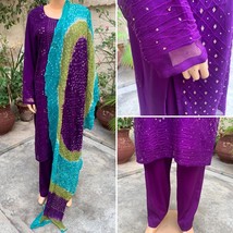 Pakistani  Purple Straight Style Fancy Embroidered 3Pcs Chiffon Dress,L - $108.90