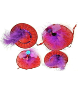 Sassy Red Hats With Feathers Ornaments 2 Metal 2 Mesh Set Of 4 Measuring 4&quot; - $229.30 MXN