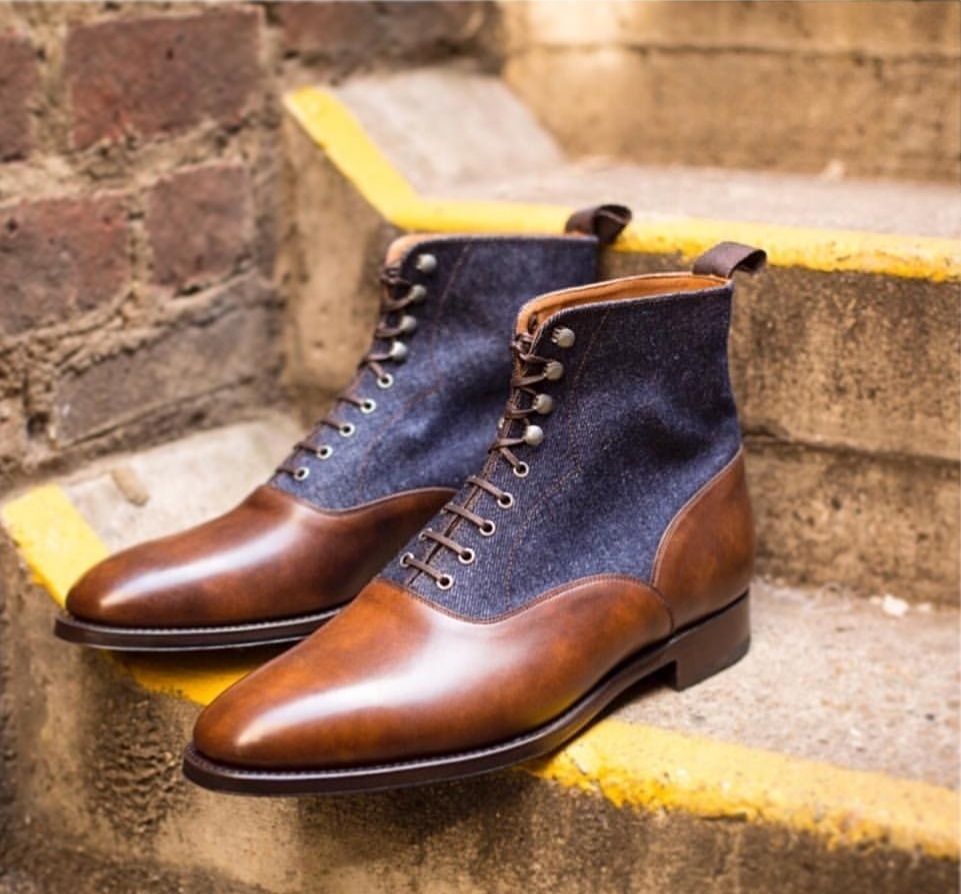 NEW Handmade New Men's Blue Brown Denim Leather boot, Men's lace up Ankle High b