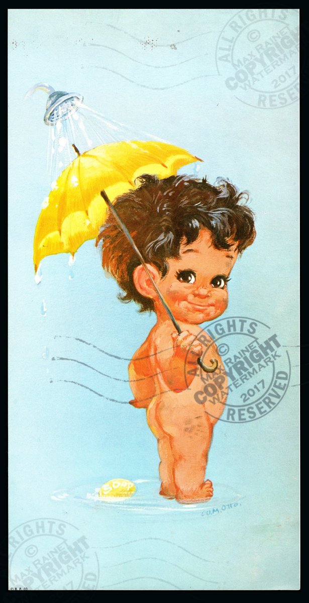 Big Eye Children : Little Boy in the Bath with Umbrella &quot;Nude Cuties&quot; se... - $35.88