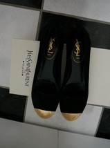 NIB 100% AUTH Yves Saint Laurent Black Suede &#39;Evalyn&#39; Metal Cap Toe Flat... - £295.04 GBP