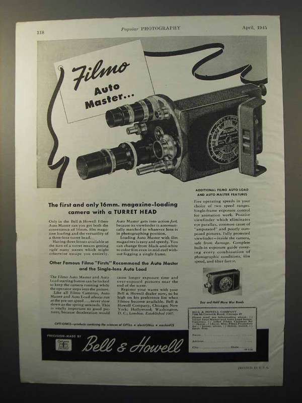 1945 Bell & Howell Filmo Auto Master Movie Camera Ad - $18.49