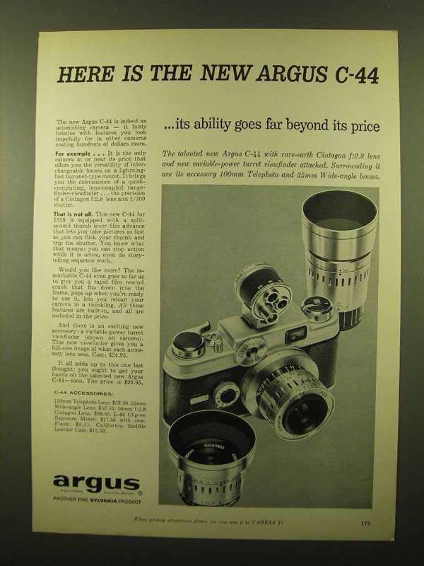 1958 Argus C-44 Camera Ad - Ability Goes Far Beyond - $18.49
