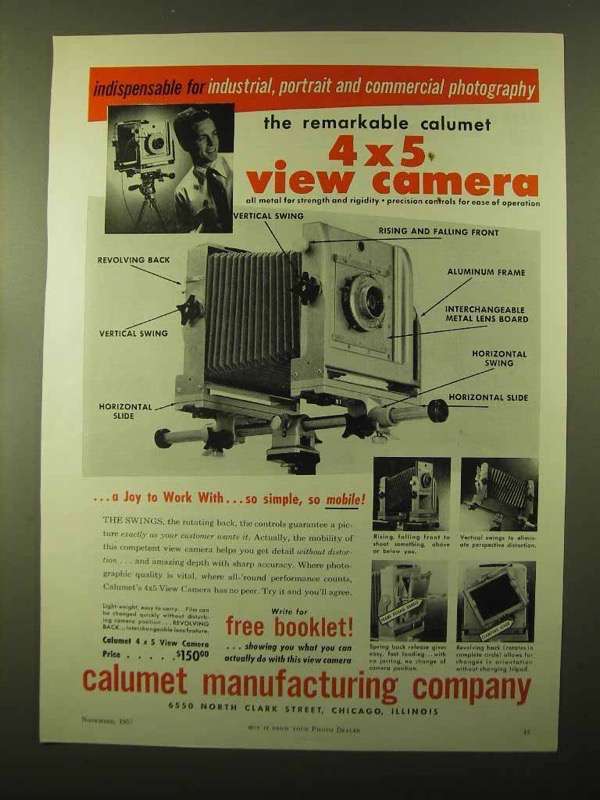 1957 Calumet 4x5 View Camera Ad - Industrial, Portrait - $18.49