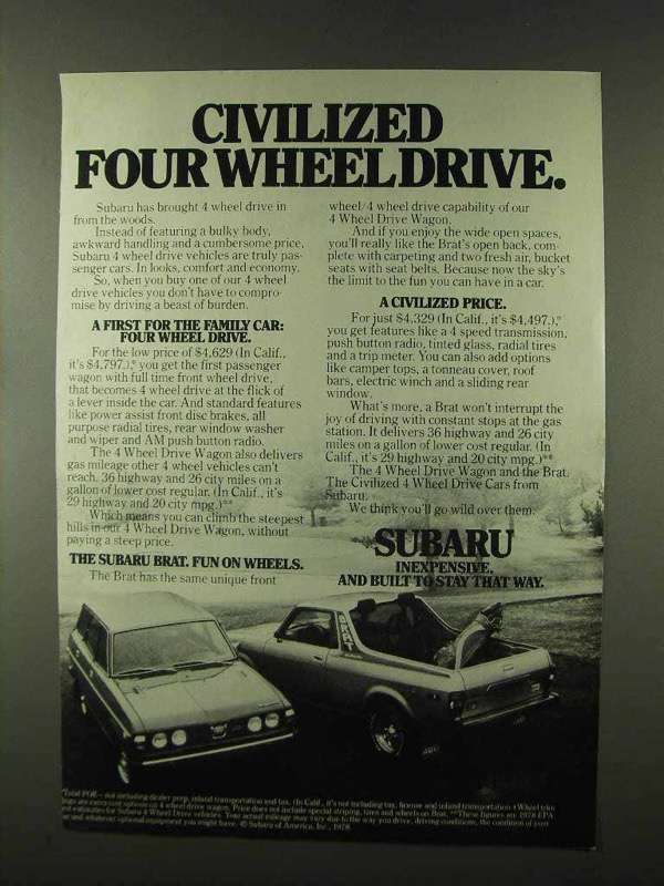 1978 Subaru 4 Wheel Drive Wagon and Brat Ad - $18.49