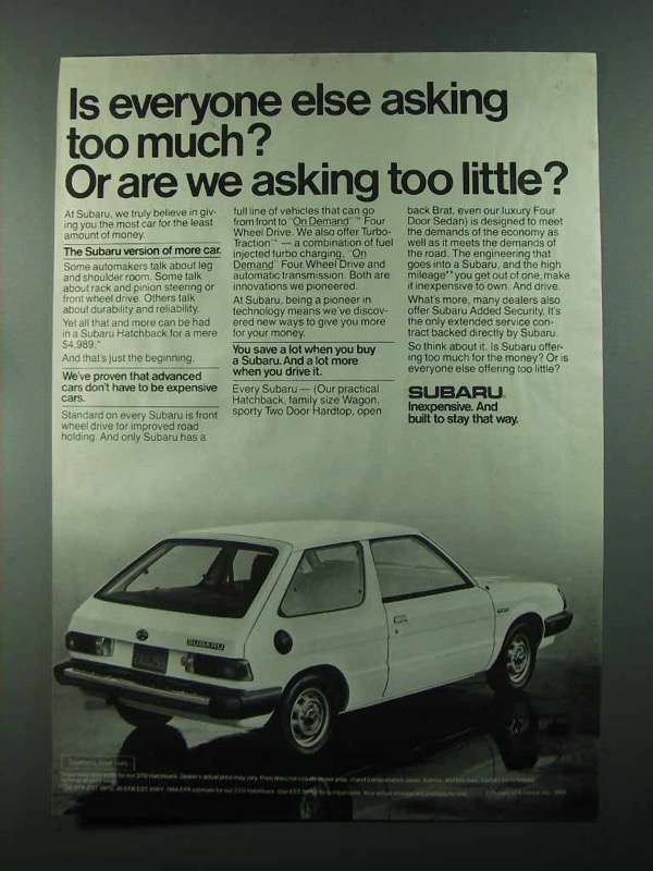 1984 Subaru Hatchback Ad - Asking Too Much? - $18.49