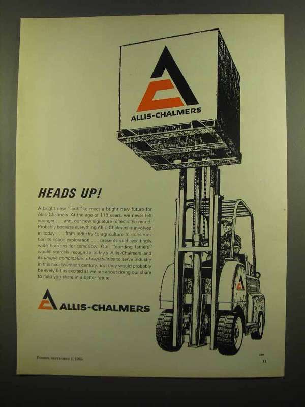 1965 Allis-Chalmers Fork Lift Ad - Heads Up! - $18.49