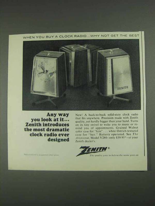 1967 Zenith Aristocrat Model Y280 Clock Radio Ad - $18.49