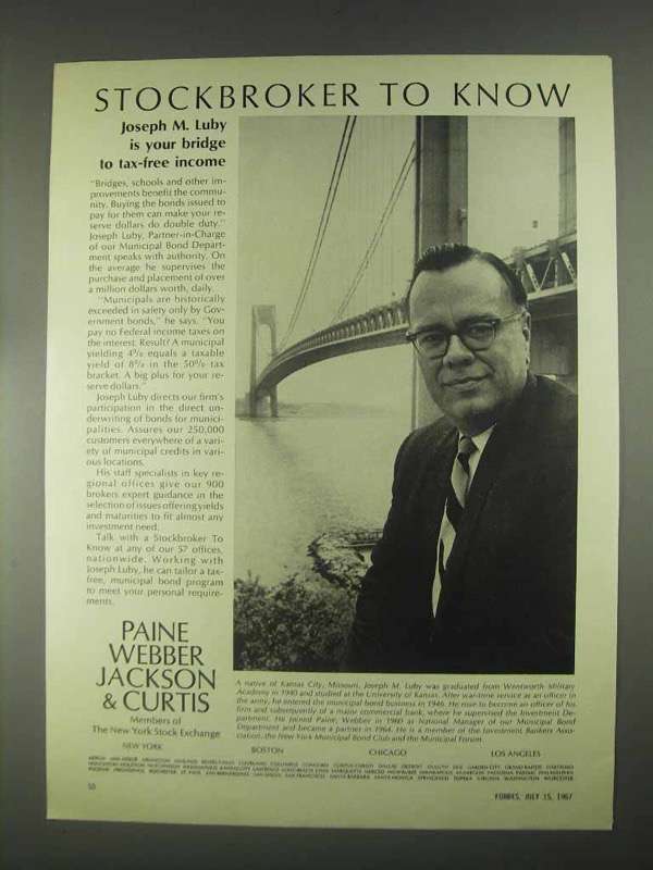 1967 Paine Webber Jackson & Curtis Ad - Joseph M. Luby - $18.49