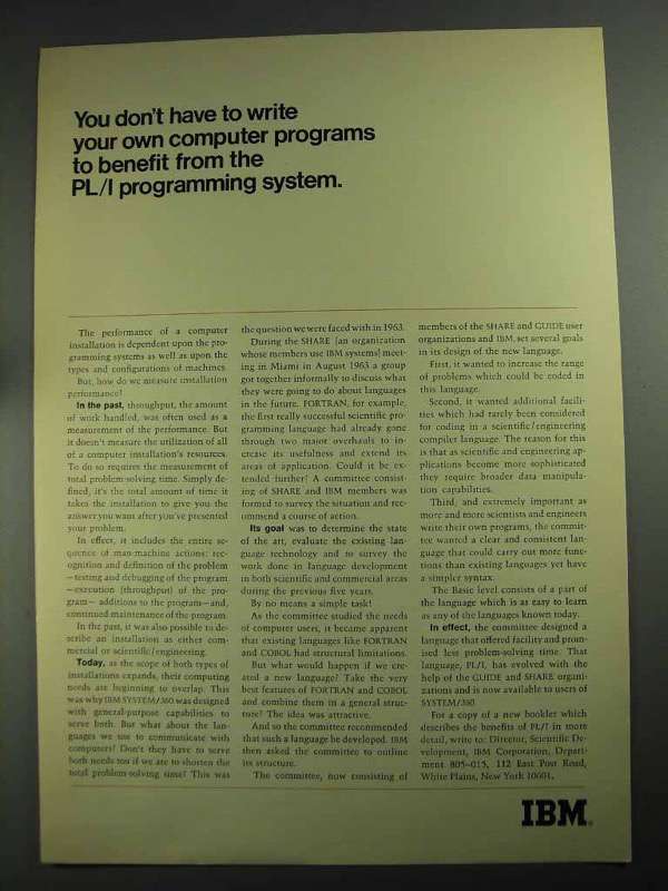 1968 IBM PL/I Programming System Ad - Benefit From - $18.49